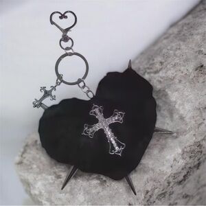 Black Heart Keychain with Silver Cross